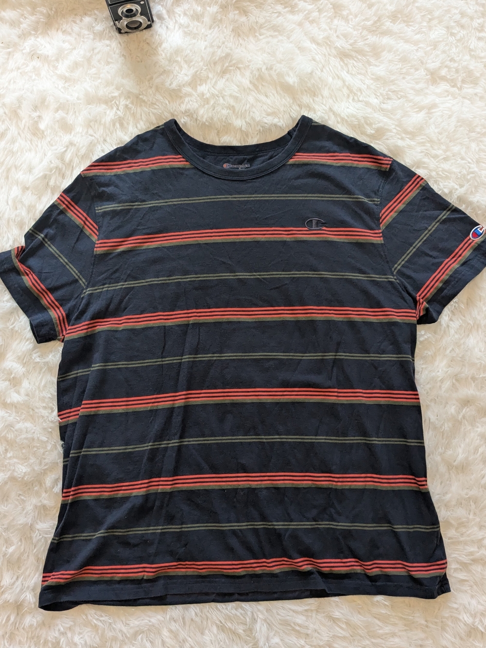 Champion Men’s Striped Crewneck T-Shirt - Orange & Olive Stripes Dark Blue Base